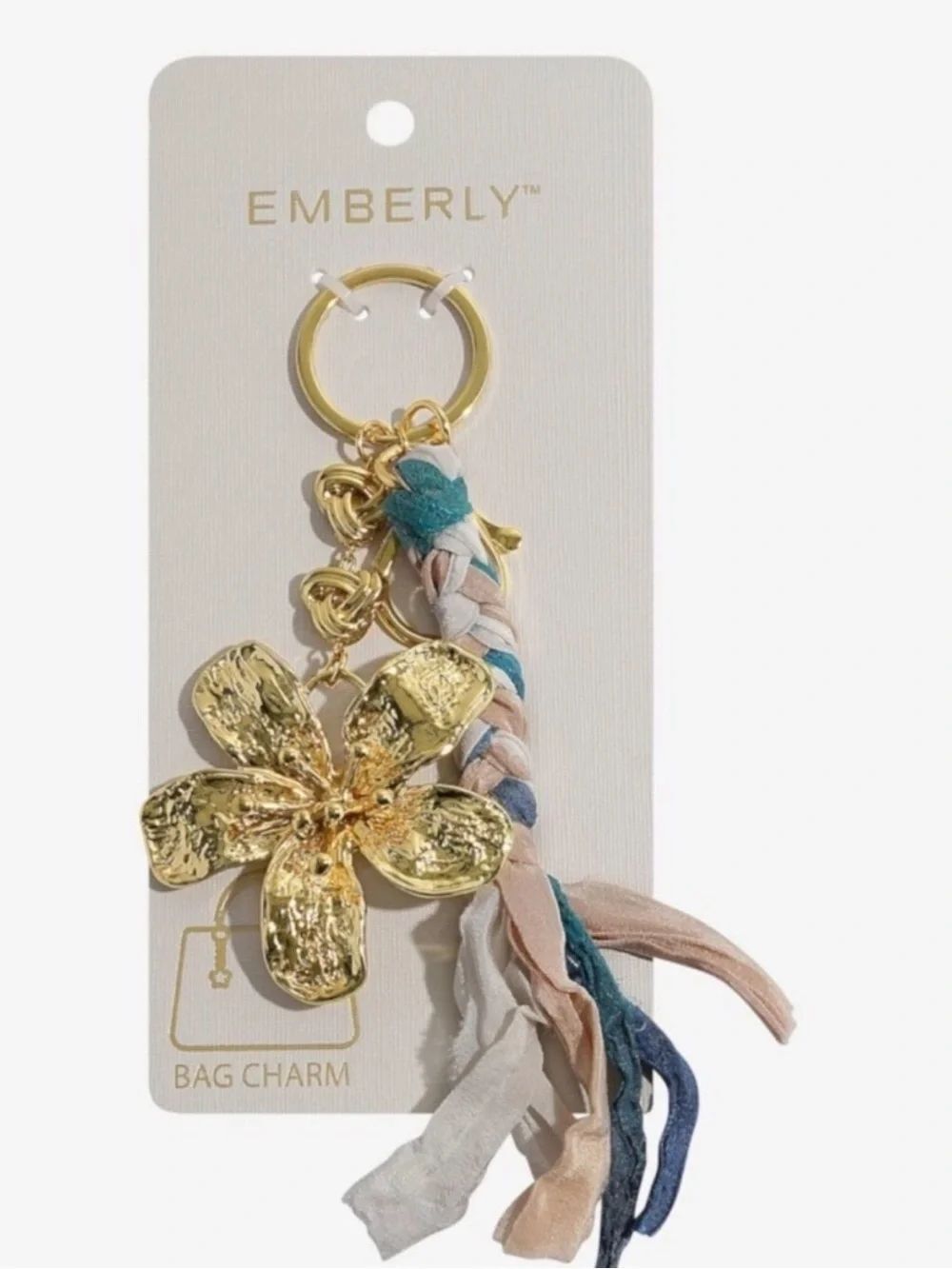 New Bag Charm Emberly Gold Floral Bag Charm with Braided Multicolor Tassels
